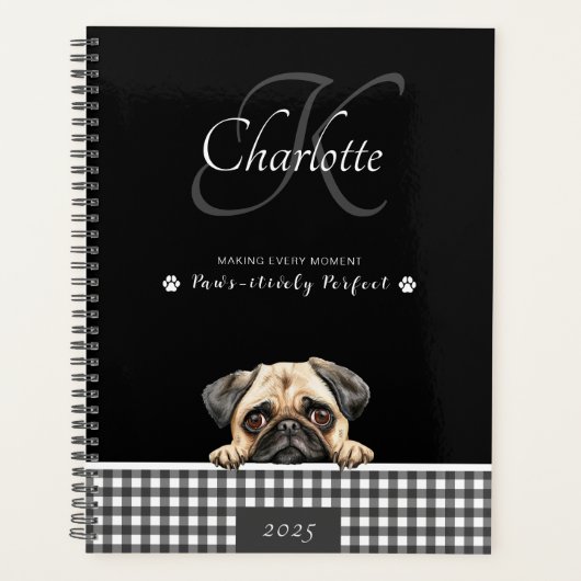 Pug Zwart Wit Plakken Aangepaste Naam Monogram Planner (Voorkant)