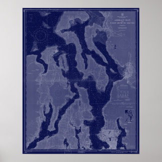Puget Sound Seattle WA Map Nautical Chart Blue Art Poster