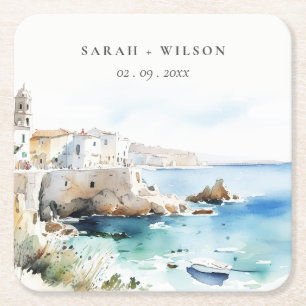 Puglia, Italië Aquarel Landschap Bruiloft Vierkante Kartonnen Onderzetter