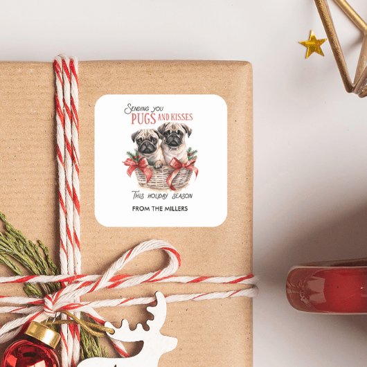 PUGS EN KUSSEN GRAPPIGE VROLIJKE KERSTMIS AANGEPAS VIERKANTE STICKER