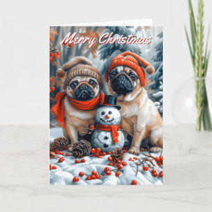 Pugs met sneeuwman Kerstmis Kaart