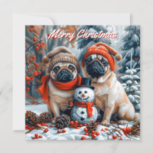 Pugs met sneeuwman Kerstmis Notitiekaartje
