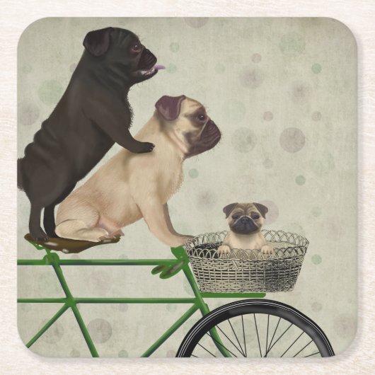 Pugs op fiets vierkante kartonnen onderzetter (Voorkant)