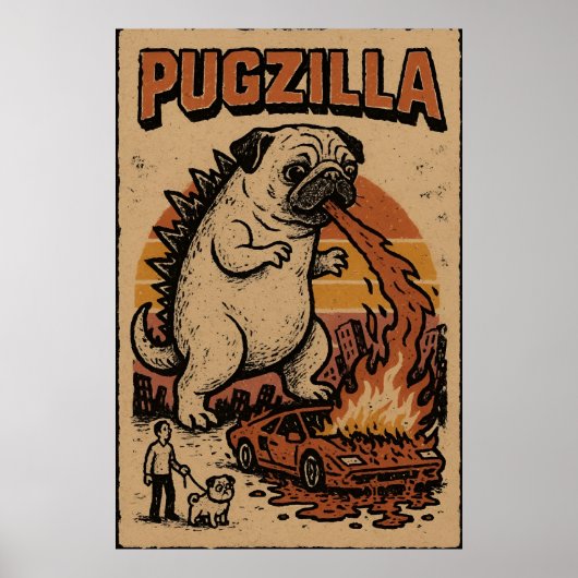 Pugzilla Poster – Cute Pug Monster Illustration (Devant)