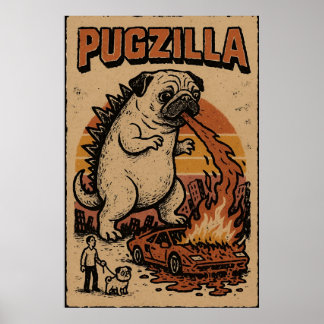 Pugzilla Poster – Illustratie van een Cute Pug Mon