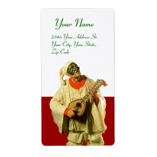 PULCINELLA MET MANDOLIN rood wit Etiket