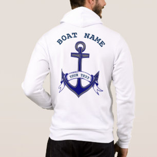 Pull À Capuche Ancre Personnalisée Bleu Nautique Blanc Mens Zip