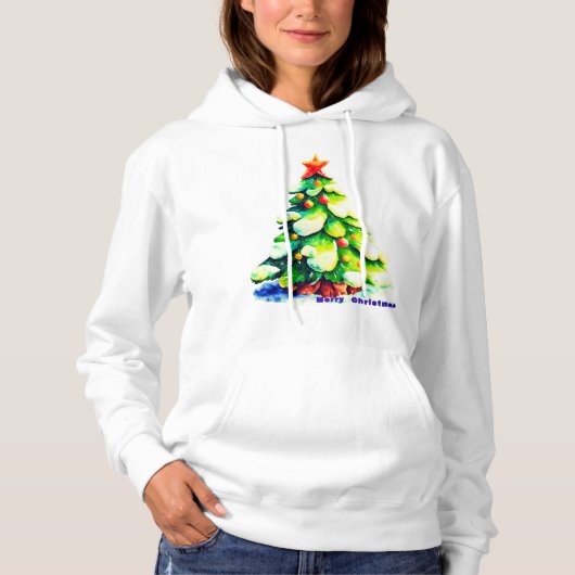 Pull À Capuche Aquarelle sapin de Noël avec neige (Devant)