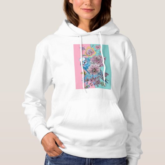 Pull À Capuche Blue Budgie Aquarelle Rouge Roses art floral (Devant)