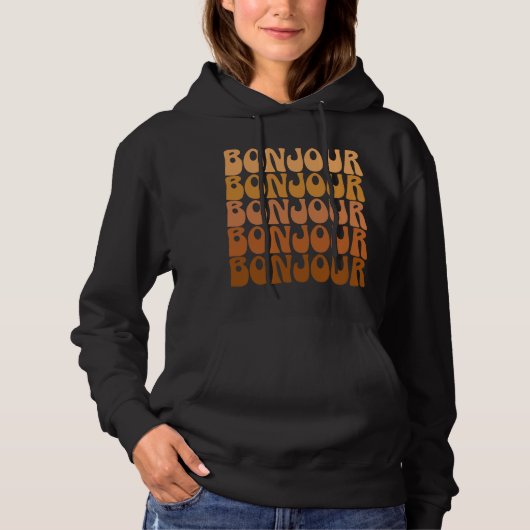 Pull À Capuche Bonjour French Hello Retro Marron Groovy Typograph (Devant)