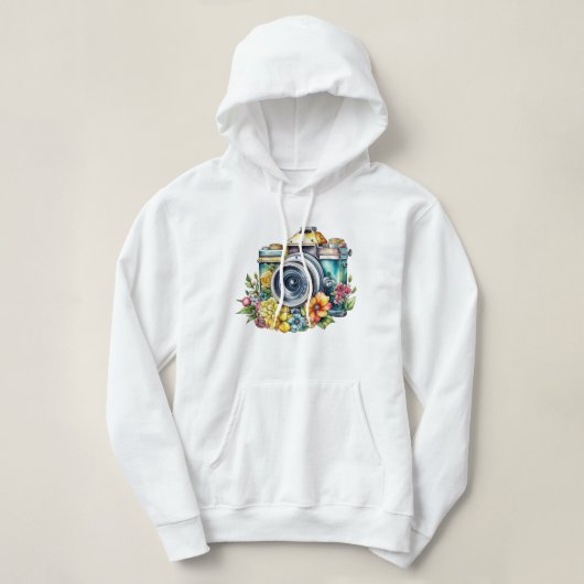 Pull À Capuche Caméra vintage en aquarelle Fleurs (Design devant)