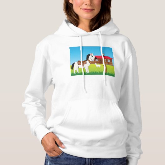 Pull À Capuche Cartoon Farm Scène avec Cheval Chat et Chèvre (Devant)