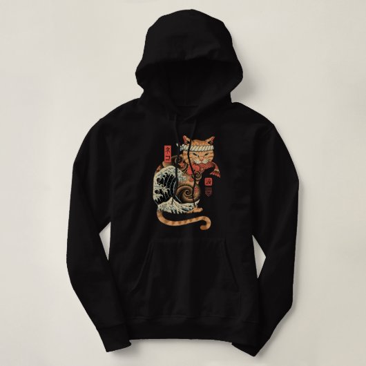 Pull À Capuche Catana Wave Cat Tattooed Samurai Cat Japanese Art  (Design devant)