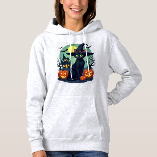 Pull À Capuche Chapeau de chat noir Halloween Chat effrayant et c (Devant)