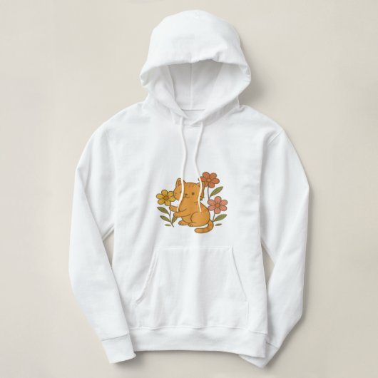 Pull À Capuche Chat de dessin mignon jouant avec des fleurs desig (Design devant)
