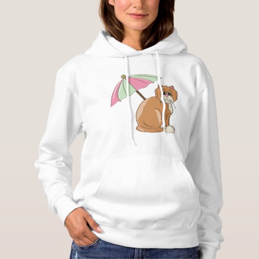 Pull À Capuche Chat de plage avec parapluie rose et vert (Devant)