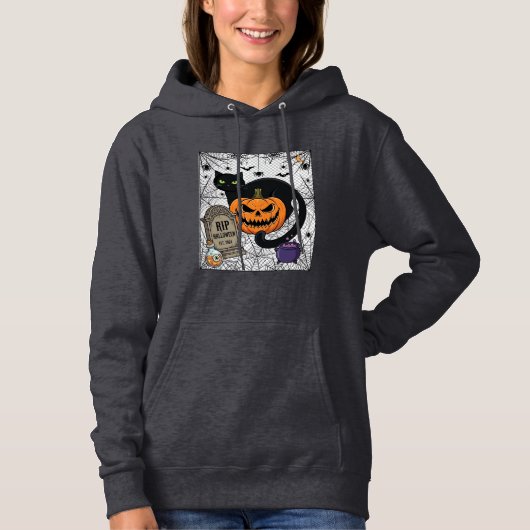 Pull À Capuche Chat noir d'Halloween Citrouille Pierre tombale Ch (Devant)