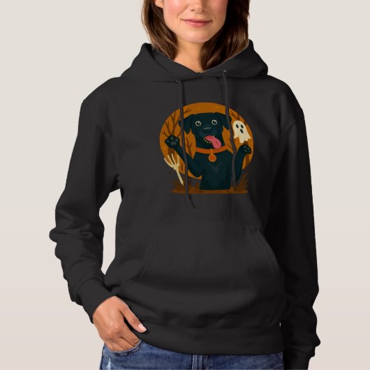 Pull À Capuche Chien noir mignon effrayant avec fantôme (Devant)