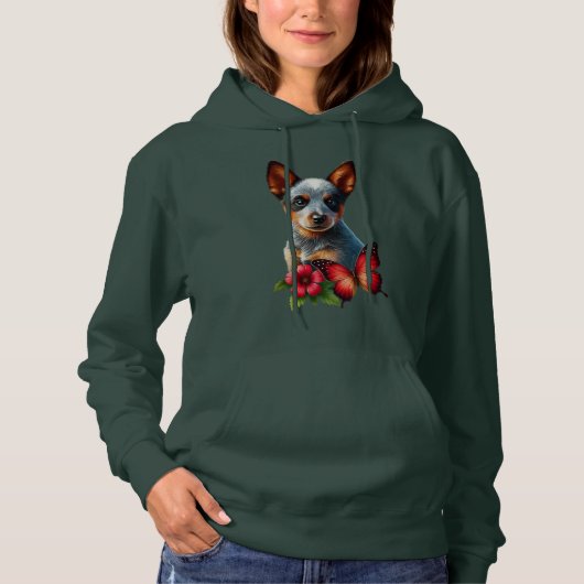 Pull À Capuche Chiot de Heeler mignon avec Papillon et Fleur (Devant)
