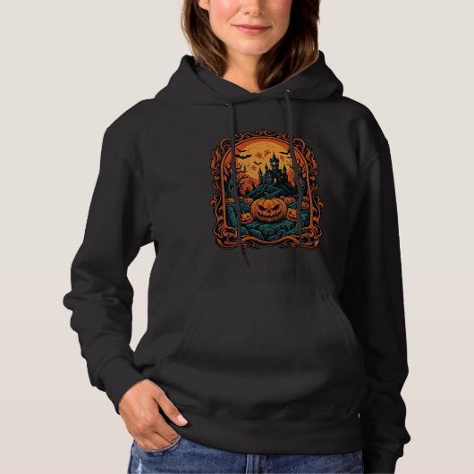 Pull À Capuche Citrouille d'Halloween Maison Hantée Pleine Lune C (Devant)
