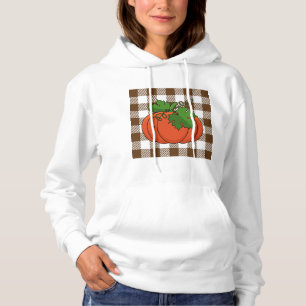 Pull À Capuche Citrouille orange sur Motif Brown blanc À damiers
