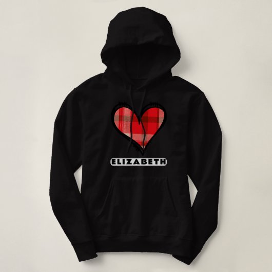 Pull À Capuche Coeur rouge Plaid Valentine's Love Black (Design devant)