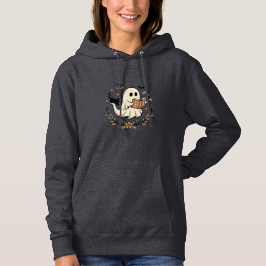 Pull À Capuche Conception de vecteur floral Halloween Chat fantôm (Devant)