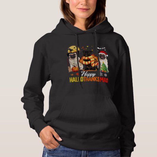 Pull À Capuche Cute Pug Happy Hallothanksmas Halloween Thanksgivi (Devant)