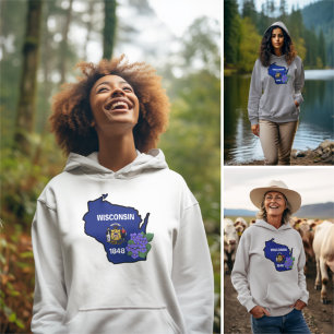 Pull À Capuche Drapeau d'état du Wisconsin et fleur bleu commun V