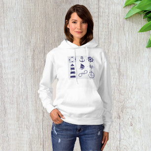 Pull À Capuche Éléments Marins Nautiques Navy Blue Icônes Côtière