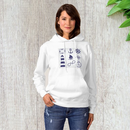 Pull À Capuche Éléments Marins Nautiques Navy Blue Icônes Côtière
