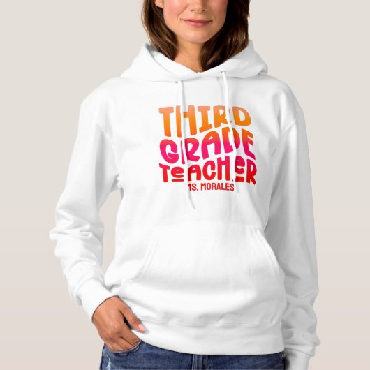 Pull À Capuche Enseignant de 3e année Orange Rouge Ombre Texte De (Devant)