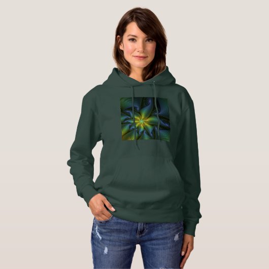 Pull À Capuche Etoile Abstraite, Bleu brillant Vert Or Fractal Ar (Devant entier)