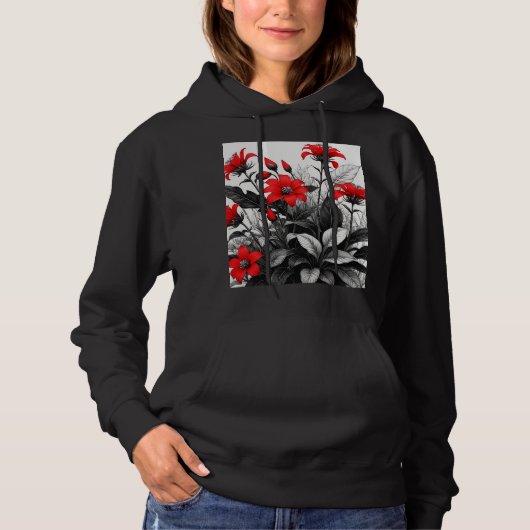 Pull À Capuche Fleur rouge sur Plante noir blanc (Devant)