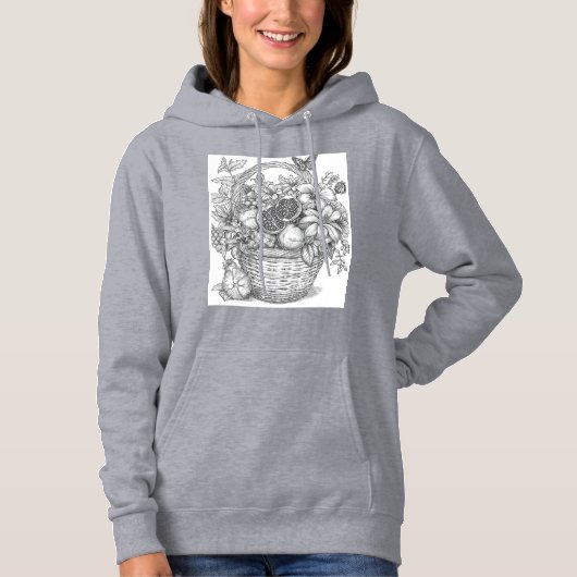 Pull À Capuche Floral Basket and Fruits Ink Illustration Hoodie (Devant)
