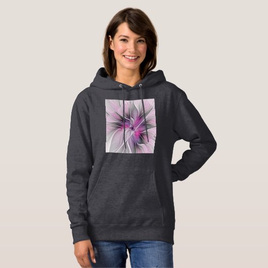 Pull À Capuche Floral Fractal moderne Fleur Abstraite rose gris (Devant entier)