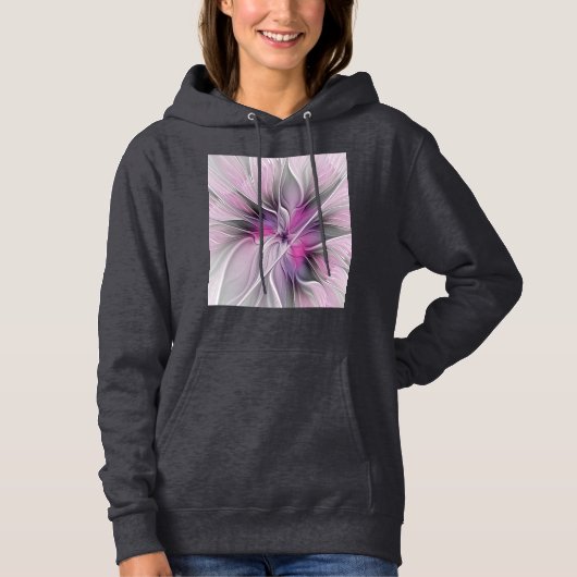 Pull À Capuche Fractal Floral Moderne Abstrait Fleur Rose Gris (Devant)