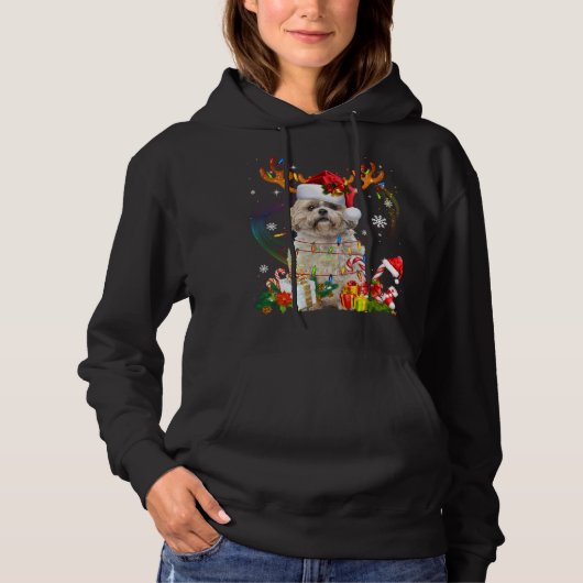 Pull À Capuche Funky Shih Tzu Reindeer Noël Lumières (Devant)
