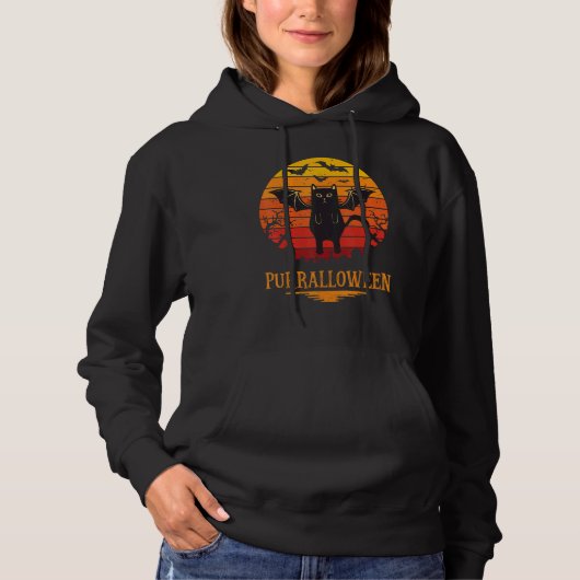 Pull À Capuche Halloween Purralloween Ghost Chat Noir Retro Femme (Devant)