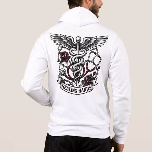 Pull À Capuche Infirmière tatouée audacieuse Crâne & Mains guéris (Dos)