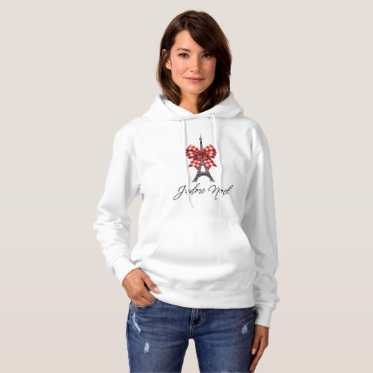 Pull À Capuche J'adore Noël Eiffel Tower Red Plaid Christmas Bow (Devant entier)