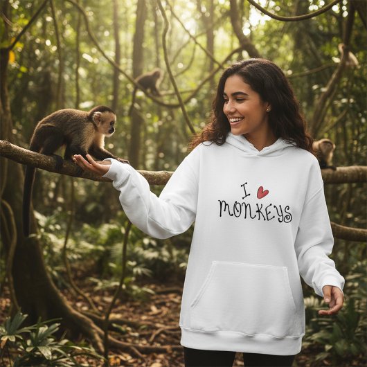 Pull À Capuche J'aime les singes, typographie manuscrite mignonne