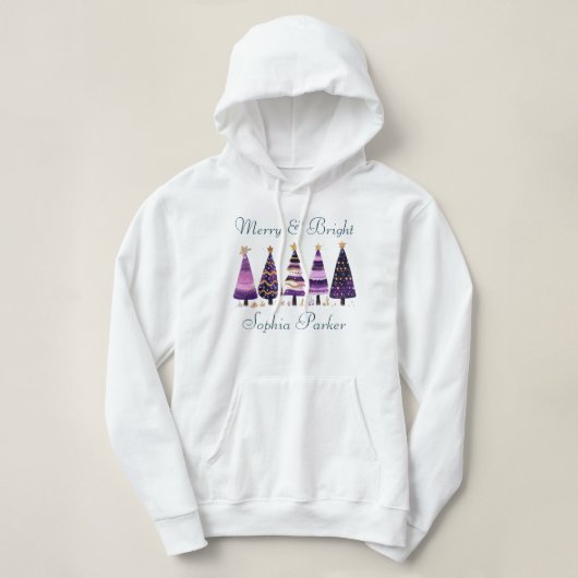 Pull À Capuche Joyeux et rose vif Arbres de Noël d'hiver personna (Design devant)