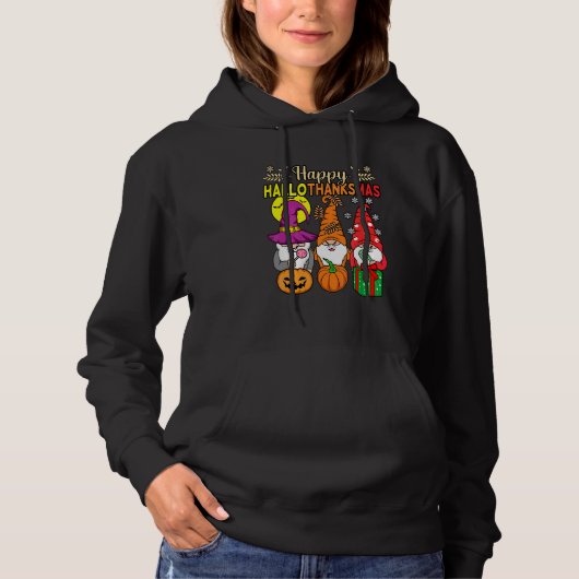 Pull À Capuche Joyeux Hallothanksmas Halloween Thanksgiving Gnome (Devant)