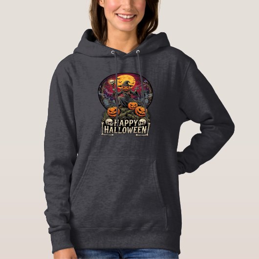Pull À Capuche Joyeux Halloween Citrouille Magicien Cimetière Ple (Devant)