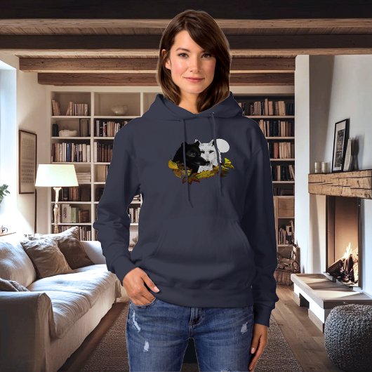 Pull À Capuche Loups Blancs Noirs Clair de Lune Feuilles d'Automn