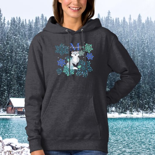 Pull À Capuche Monogramme personnalisé Gris Fox bleu snowflakes