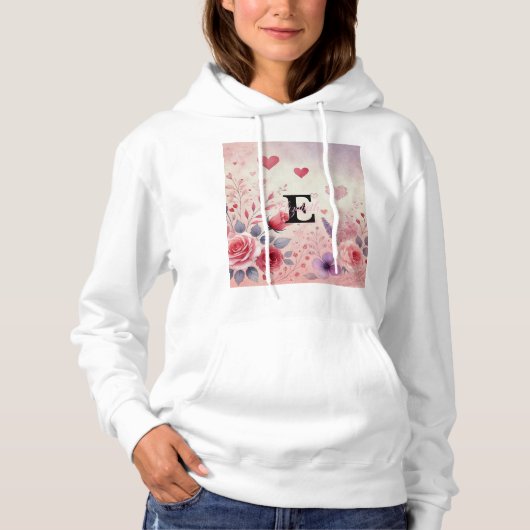 Pull À Capuche Nom monogramme Saint-Valentin cœurs floral aquarel (Devant)
