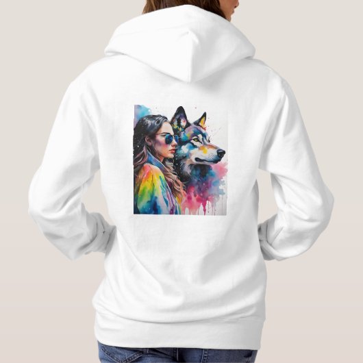 Pull À Capuche Rainbow Wolf et fille (Dos)
