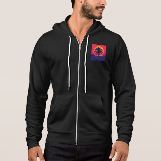 Pull À Capuche Rétro Art Synthwave Palmier Coucher de Soleil 80s (Devant)